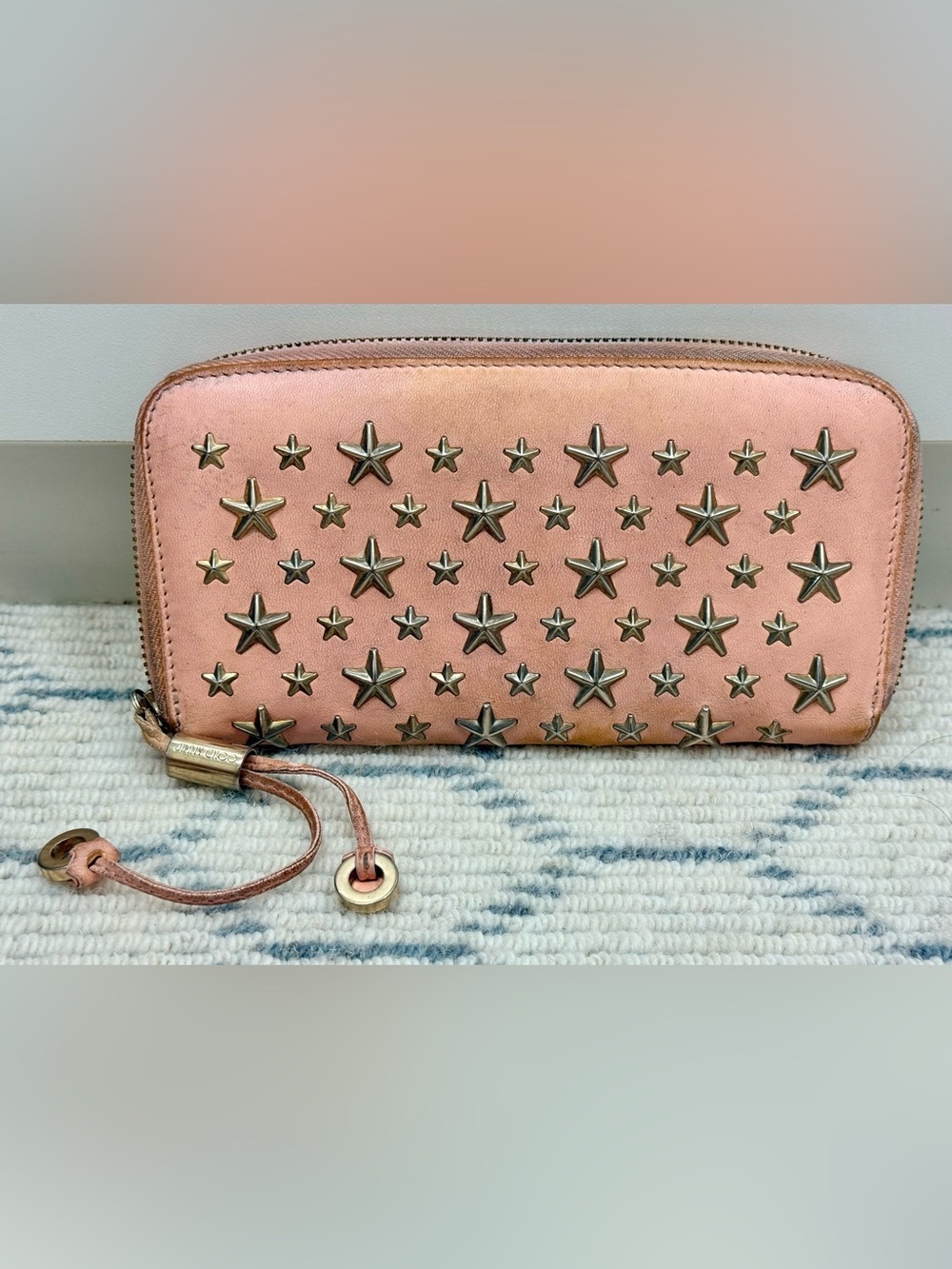 JIMMY CHOO Y2K Pink Leather Silver Star Studded Zip-Around Continental Wallet
